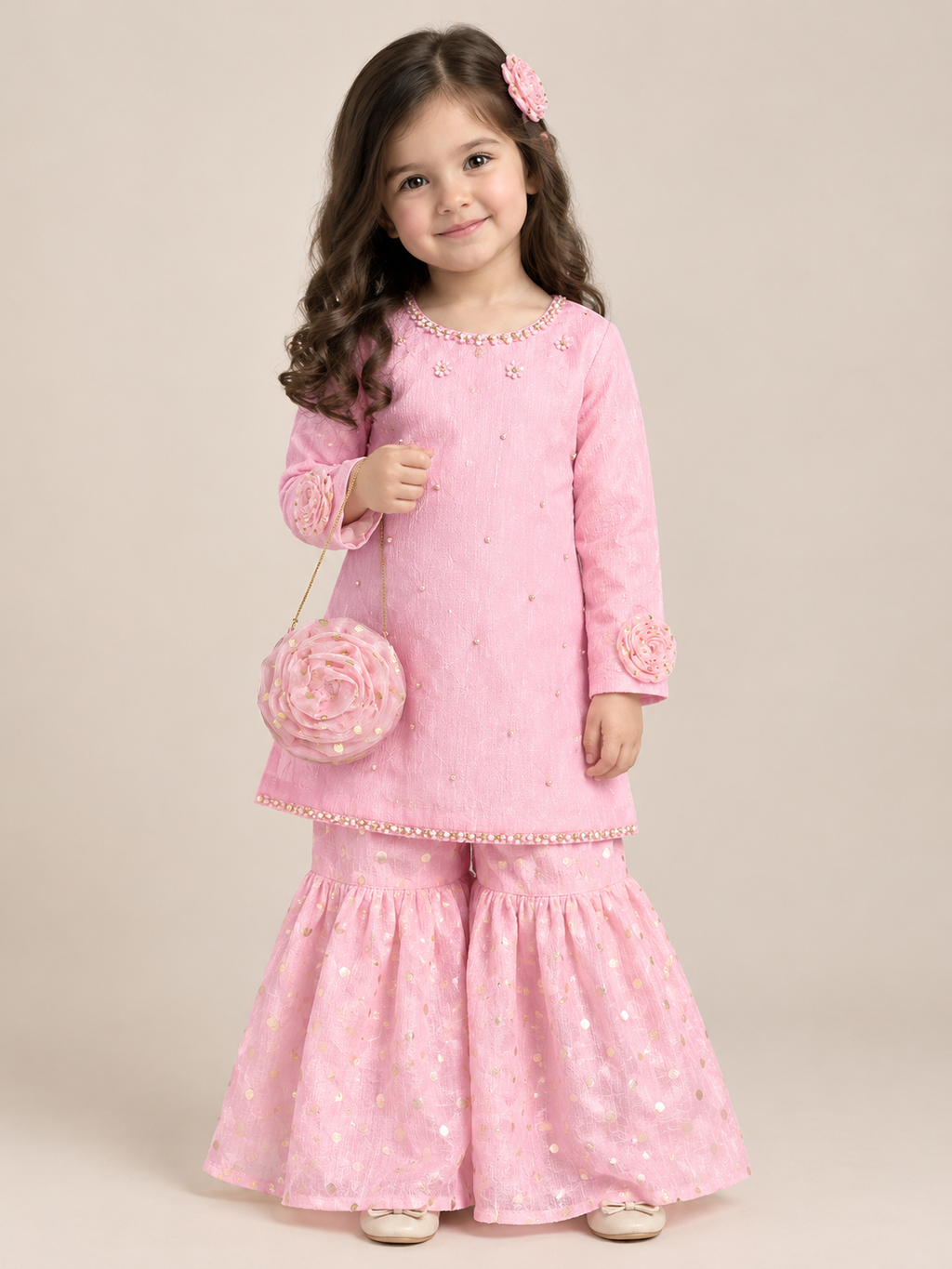 Pink Floral Gharara 3 piece set