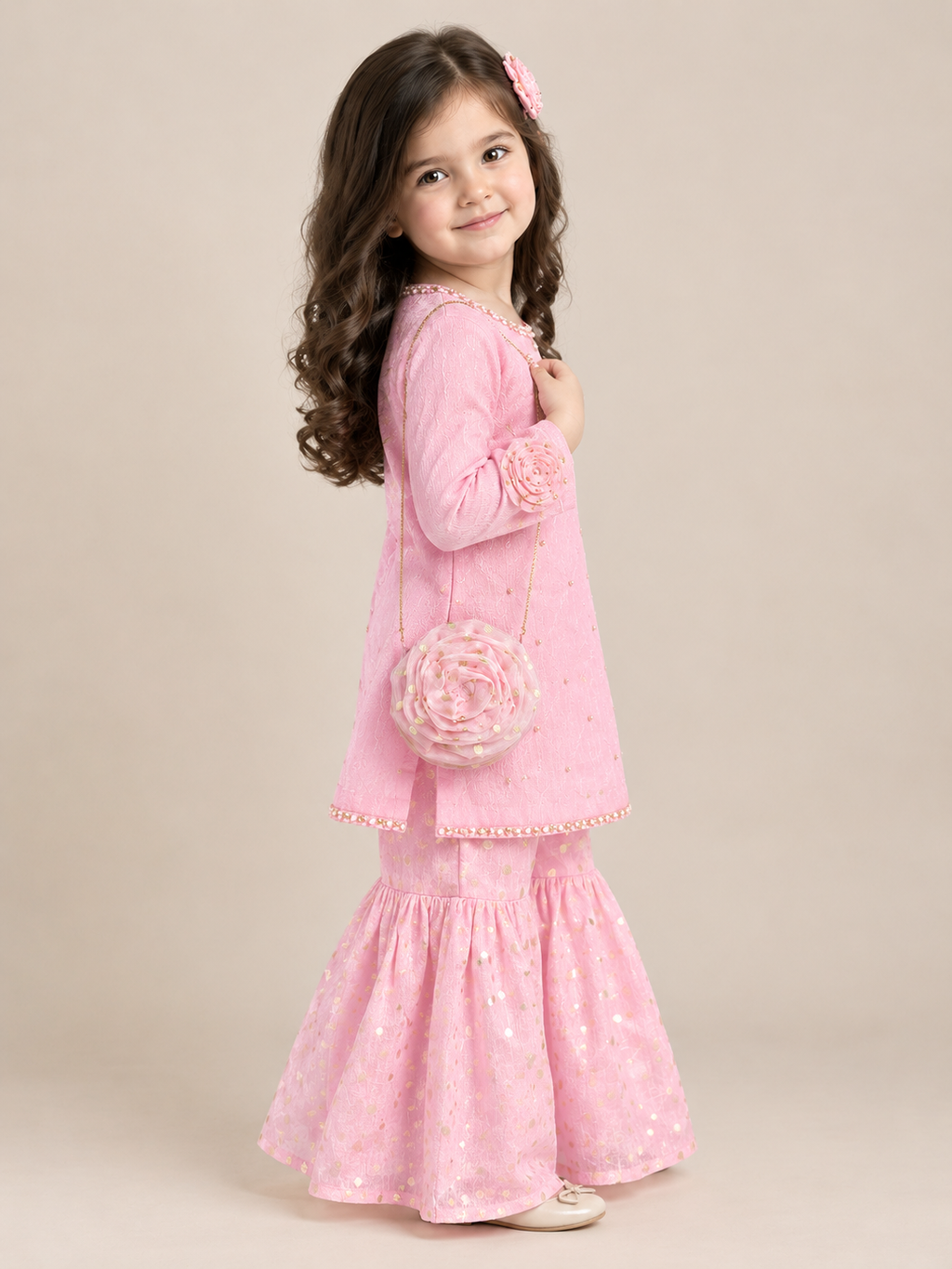 Pink Floral Gharara 3 piece set